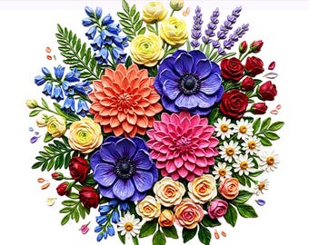 Floral Bouquet PNG, Colorful Brushstroke Flowers Hand-Painted Watercolor, Floral PNG, Trending, Sublimation Design, PNG Digital Download