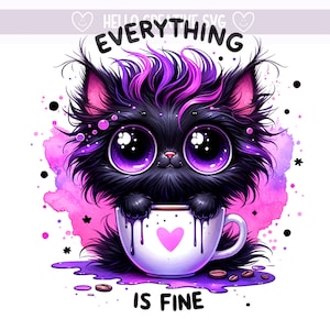 Todo está bien gato PNG, caprichoso y peculiar gato clipart, divertido gato clipart, gato negro PNG, diseño de sublimación, descarga digital PNG