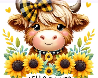 Hello Summer PNG, Sarcastic Highland Cow Clipart, Sunflowers Heifer Cow, Heifer png, Sublimation Design, PNG Digital Download