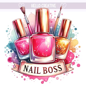 May include: Three bottles of nail polish with gold caps and glitter inside. The bottles are arranged in a triangle shape with a banner that says "NAIL BOSS" underneath. The background is a watercolor wash of pink, blue, and green.