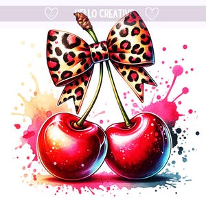 Cherry PNG, Cherry Clipart, Cherries with Bow, Cute Coquette Cherry PNG, Leopard Print Bow Cherry, Sublimation Design, PNG Digital Download