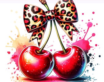 Cherry PNG, Cherry Clipart, Cherries with Bow, Cute Coquette Cherry PNG, Leopard Print Bow Cherry, Sublimation Design, PNG Digital Download