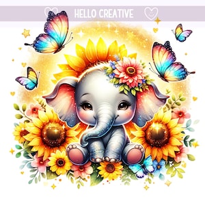 Baby Elephant Png, Gold Glitter Sunflowers Png, Kids Png, Butterfly Png, Elephant Clipart, Sublimation Design, PNG Digital Download