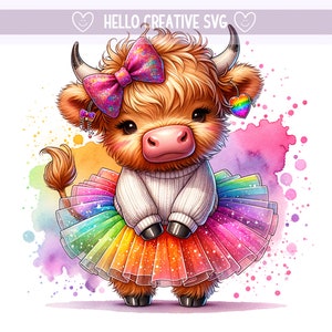 Cute Highland Cow wearing Rainbow Tutu, Highland Cow PNG, Highland Cow Clipart PNG, Sublimation Design, PNG Digital Download