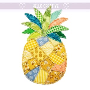 May include: A colorful, patchwork pineapple design with various patterns, including pineapples, seashells, and floral prints. The top features green and blue leaves. The text "HELLO CREATIVE" is at the top. This decorative item is perfect for adding a tropical touch.