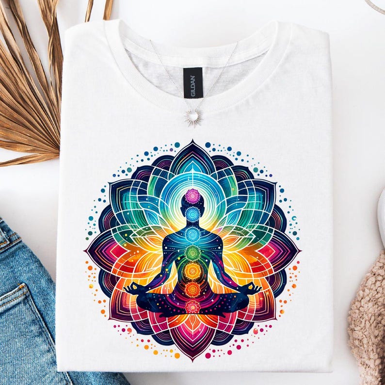 May include: A white t-shirt with a colorful mandala design featuring a person in a lotus pose with seven chakras. The chakras are represented by different colors, including red, orange, yellow, green, blue, indigo, and violet.