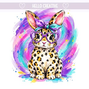 May include: A watercolor illustration of a bunny with leopard spots, wearing heart-shaped glasses and a bow. The bunny is set against a colorful, swirling background with the text "HELLO CREATIVE".