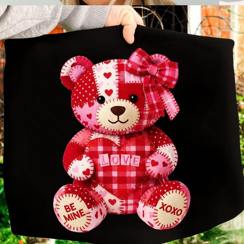 Patchwork Teddy Bear PNG, Valentine Hugs and Kisses PNG, Quilted Love ...