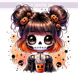 Halloween-meisje PNG, schattige herfstkoffie clipart, skeletkoffie, Falls Spice Girl, Halloween, sublimatie ontwerp, digitale download png