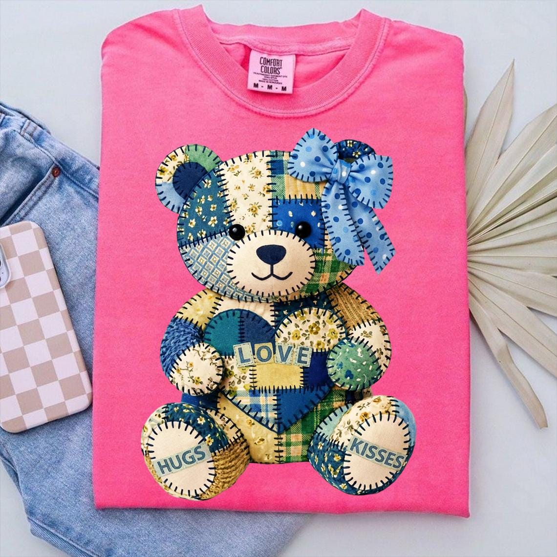 Patchwork Teddy Bear PNG, Valentine Hugs and Kisses PNG, Quilted Love ...