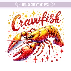 Op de afbeelding: Een rode en gouden glitterkreeft met het woord "Crawfish" in rode glitter erboven geschreven. De kreeft is omringd door kleine gouden en rode glittersterren.
