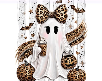Preppy Ghost Coquette Png, Leopard Ghost Png, Pumpkin Leopard Print, Preppy Halloween Brushstroke, Sublimation Design, PNG Digital Download