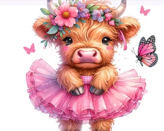 May include: A cute cartoon Highland cow wearing a pink tutu and a flower crown with pink and purple flowers. The cow has brown fur and a pink nose. There are two pink butterflies on the white background.