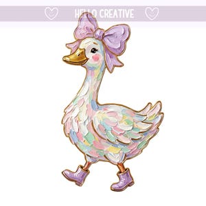 Könnte beinhalten: Eine skurrile Illustration einer Gans mit einer großen lavendelfarbenen Schleife, lavendelfarbenen Stiefeln und einem goldenen Schnabel. Die Gans ist in Pastellfarben gemalt und hat rosige Wangen. Der Text "HELLO CREATIVE" steht oben.