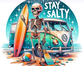 Stay Salty Retro PNG, Summer Skeleton Clipart, Sarcastic Clipart, Beach Skeleton PNG, Salty Beach, Diseño de sublimación, PNG Descarga digital