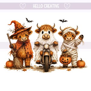 Funny Halloween Highland Cow Png, Spooky Highlander Cow Fall, Cute Pumpkin Witch, Sublimation Design (Digital Download)