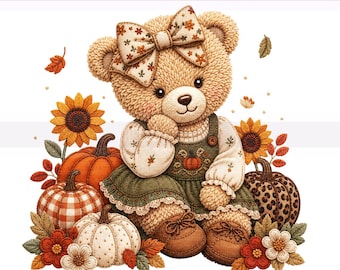 Coquette Pumpkin Teddy Bear PNG, Trendy Fall Autumn Sublimation Design (Digital Download)