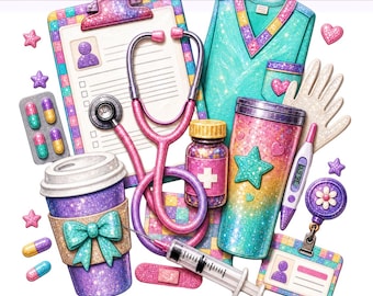 Sjuksköterskeliv PNG, färgglad glittersjuksköterska, stetoskopspruta, trendig sjuksköterska, sjuksköterskeliv, sublimeringsdesign, digital nedladdning av PNG