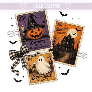 Halloween Stamp PNG, Vintage Halloween, Spooky Ghost Pumpkin, Halloween Ghost, Halloween Witch, Bow, Sublimation Design (Digital Download)