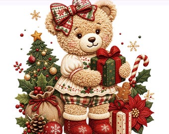 Christmas Png Teddy Bear, Coquette Christmas Png, Christmas Tree and Bear png, Bear Christmas png, Sublimation Design, PNG Digital Download