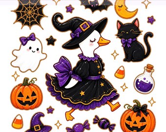 Gęś na Halloween, Gęś czarownica, Kapryśna kokietka, Gęś na Halloween w stylu preppy PNG, Projekt sublimacji, Pobieranie cyfrowe PNG