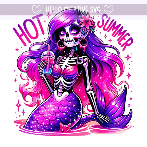 Hot Goth Summer PNG, Summer Mermaid Clipart, Summer Skeleton Clipart, Snarky Skeleton, Sublimation Design, PNG Digital Download