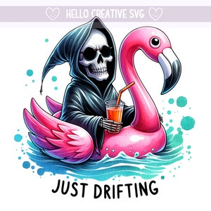 Just Drifting PNG, Summer Skeleton Clipart, Spooky Grim Reaper Clipart, Snarky Skeleton Beach, Sublimation Design, PNG Digital Download