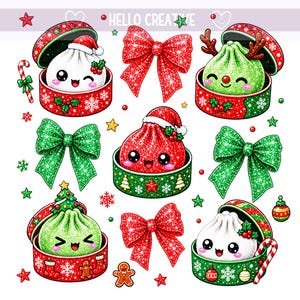 Puede incluir: Una colección de pegatinas navideñas con dumplings brillantes en cajas de regalo, lazos rojos y verdes, un bastón de caramelo y un hombre de jengibre. Los dumplings tienen caras sonrientes y accesorios festivos como gorros y astas.