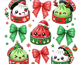 Słodkie pierożki świąteczne PNG, Kawaii świąteczne pierożki Clipart, pierożki świąteczne PNG, pierożki świąteczne z kokardką w stylu preppy, cyfrowe pobieranie PNG