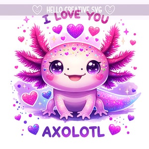Ti amo Axolotl PNG, Axolotl Clipart, Axolotl carino, Axolotl rosa PNG, Design a sublimazione, Download digitale PNG