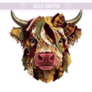 May include: A decorative Highland cow head with a patchwork design. The cow features a pink nose, brown eyes, and a plaid bow. The patchwork includes floral, plaid, and solid fabric in shades of green, yellow, and burgundy. The text "HELLO CREATIVE" is at the top.