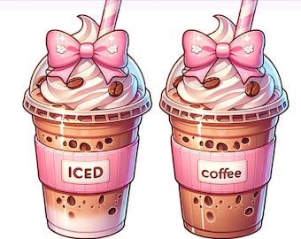Eiskaffee Girly PNG, rosa Kokette Clipart, Eiskaffee PNG, Kokette Schleife Png, Kaffee Latte, Sublimationsdesign, PNG digitaler Download