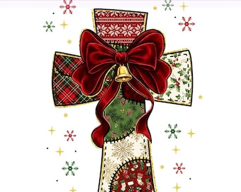 Patchwork Christmas Cross PNG, Christian Nativity Scene, Religious Bow, Bible Verse Jesus (Digital Download)