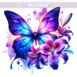 Peut inclure: Un papillon bleu et violet vibrant aux ailes irisées est perché sur un groupe de lys violets. Les fleurs sont entourées d'éclaboussures de couleur ressemblant à de l'aquarelle, créant une scène fantaisiste et éthérée.