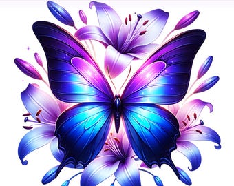 Vlinder png, gloeiende vlinderbloemen, open vleugels vlinder png, lelies en vlinder png, sublimatieontwerp, digitale download png