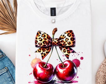 Cherry PNG, Cherry Clipart, Cherries with Bow, Cute Coquette Cherry PNG, Leopard Print Bow Cherry, Sublimation Design, PNG Digital Download