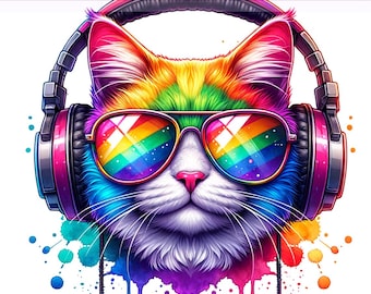 May include: A colorful cat wearing rainbow sunglasses and headphones. The cat is surrounded by colorful paint splatters.