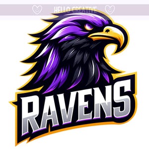 May include: A stylized illustration of a raven's head in profile, featuring a striking design. The raven is depicted with purple and black feathers, a yellow beak, and a piercing eye. The word "RAVENS" is displayed in bold, white letters.
