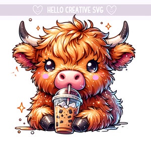 Highland Kuh trinkt Eiskaffee, Färse Kuh, Kaffee PNG, Highland Kuh Clipart, Eiskaffee PNG, Sublimationsdesign, PNG digitaler Download