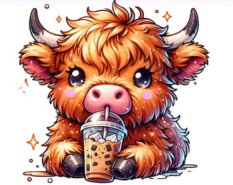 May include: A cartoon illustration of a brown and white Highland cow with a pink nose, drinking a brown iced beverage from a clear cup with a straw. The cow is sitting on a white background with sparkles.
