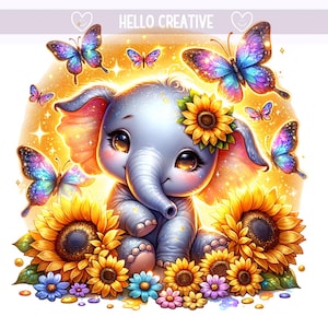 Baby Elephant Png, Gold Glitter Sunflowers Png, Kids Png, Butterfly Png, Elephant Clipart, Sublimation Design, PNG Digital Download