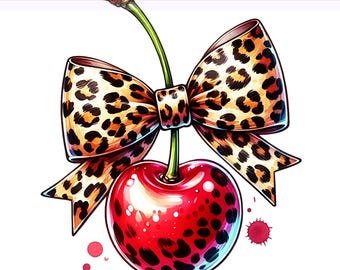 Cherry PNG, Cherry Clipart, Cherries with Bow, Cute Coquette Cherry PNG, Leopard Print Bow Cherry, Sublimation Design, PNG Digital Download