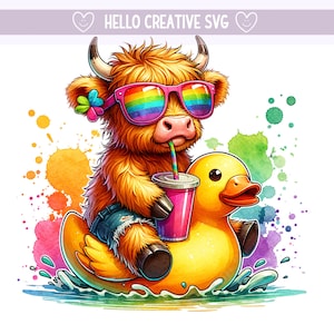 かわいいハイランド牛 PNG、アヒル PNG クリップアート、ハイランド牛 PNG クリップアート、夏のハイランド、雌牛 PNG、昇華デザイン、PNG デジタル ダウンロード