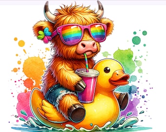 Cute Highland Cow PNG, Duck Png Clipart, Highland Cow Clipart PNG, Summer Highland, Heifer Cow png, Sublimation Design, PNG Digital Download