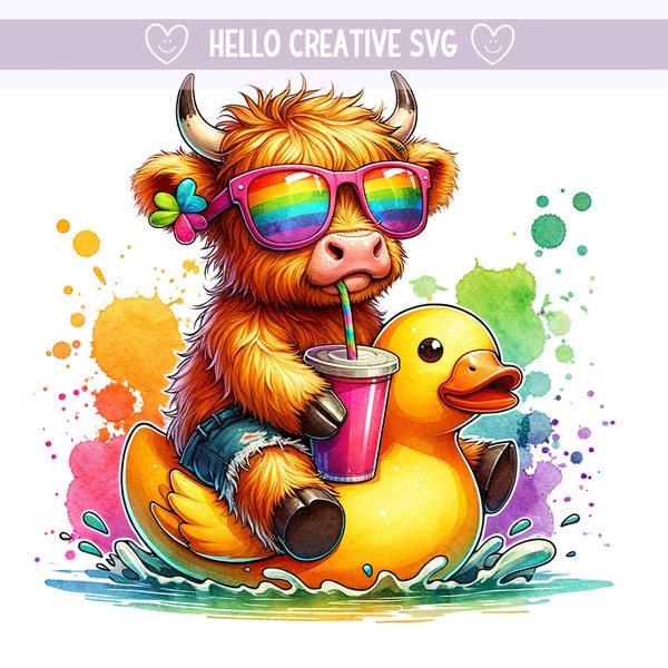Cute Highland Cow PNG, Duck Png Clipart, Highland Cow Clipart PNG, Summer Highland, Heifer Cow png, Sublimation Design, PNG Digital Download