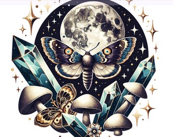 Celestial Lunar Moth PNG, Vintage Moth Crystals Clipart, Boho mushroom PNG, Witchy Aesthetic, Sublimation Design, PNG Digital Download