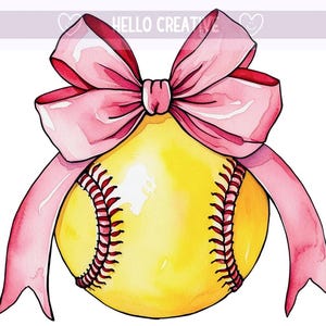 May include: A yellow softball with red stitching is tied with a pink ribbon bow. The bow is tied in a knot at the top of the softball.