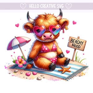 May include: A cartoon Highland cow wearing pink heart-shaped sunglasses and a pink bikini is sitting on a blue and white striped beach towel. The cow is on a beach with a pink umbrella, a starfish, and a sign that says "Beachy Mood".
