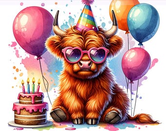 Cumpleaños de vaca de las tierras altas PNG, vaca de las tierras altas, clipart de vaca de las tierras altas, cumpleaños de vaca de las tierras altas PNG, diseño de sublimación, descarga digital PNG