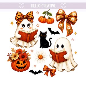 Halloween Ghost Reading PNG, Halloween Ghost, Halloween Cat PNG, Cute Autumn Ghost, Pumpkin Bow, Sublimation Design (Digital Download)